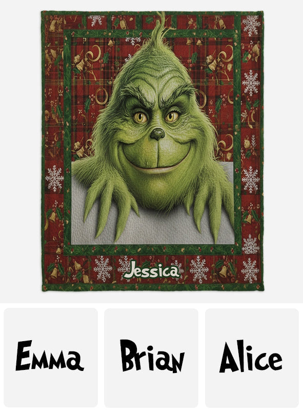 Couverture de Noël personnalisée « Joyeux Grinchmas » avec n'importe quel nom - Étole de Noël