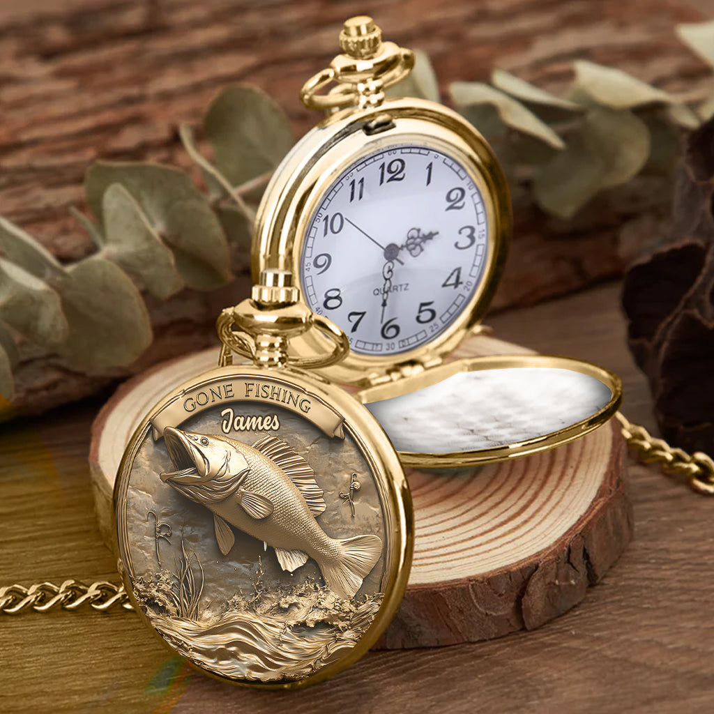 Montre de poche de pêche personnalisée « Parti pêcher »