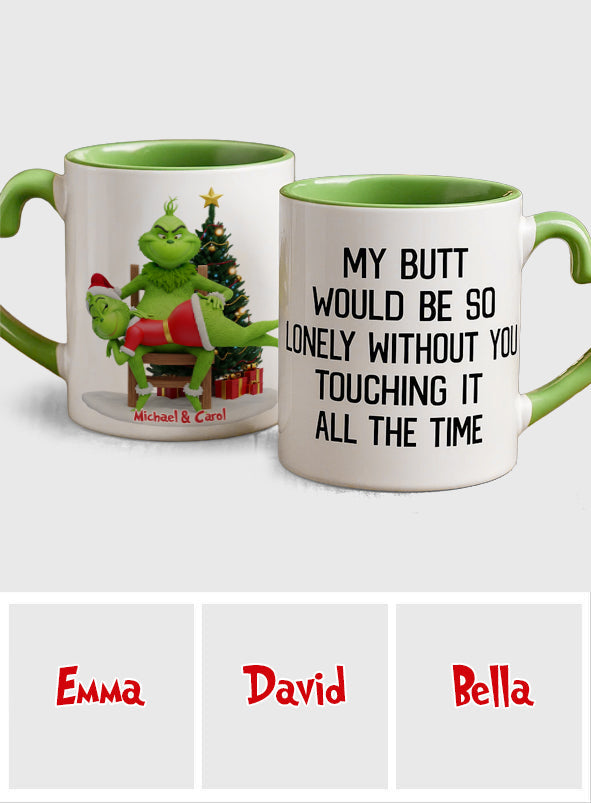 Mon derrière serait si seul ! Mug vert coquin personnalisé pour couple avec anse en forme de cœur