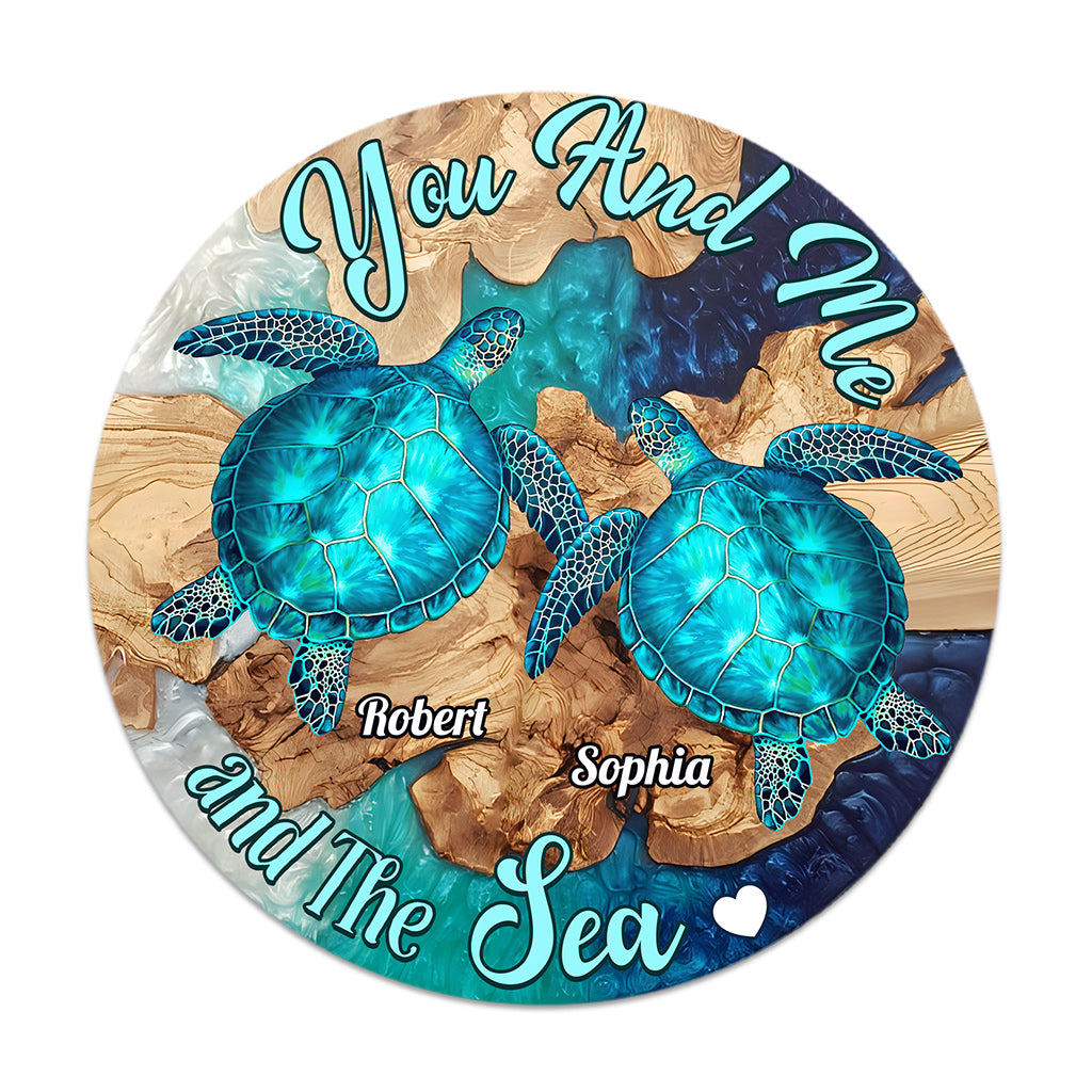Toi, moi et la mer - Panneau rond en bois personnalisé avec une tortue