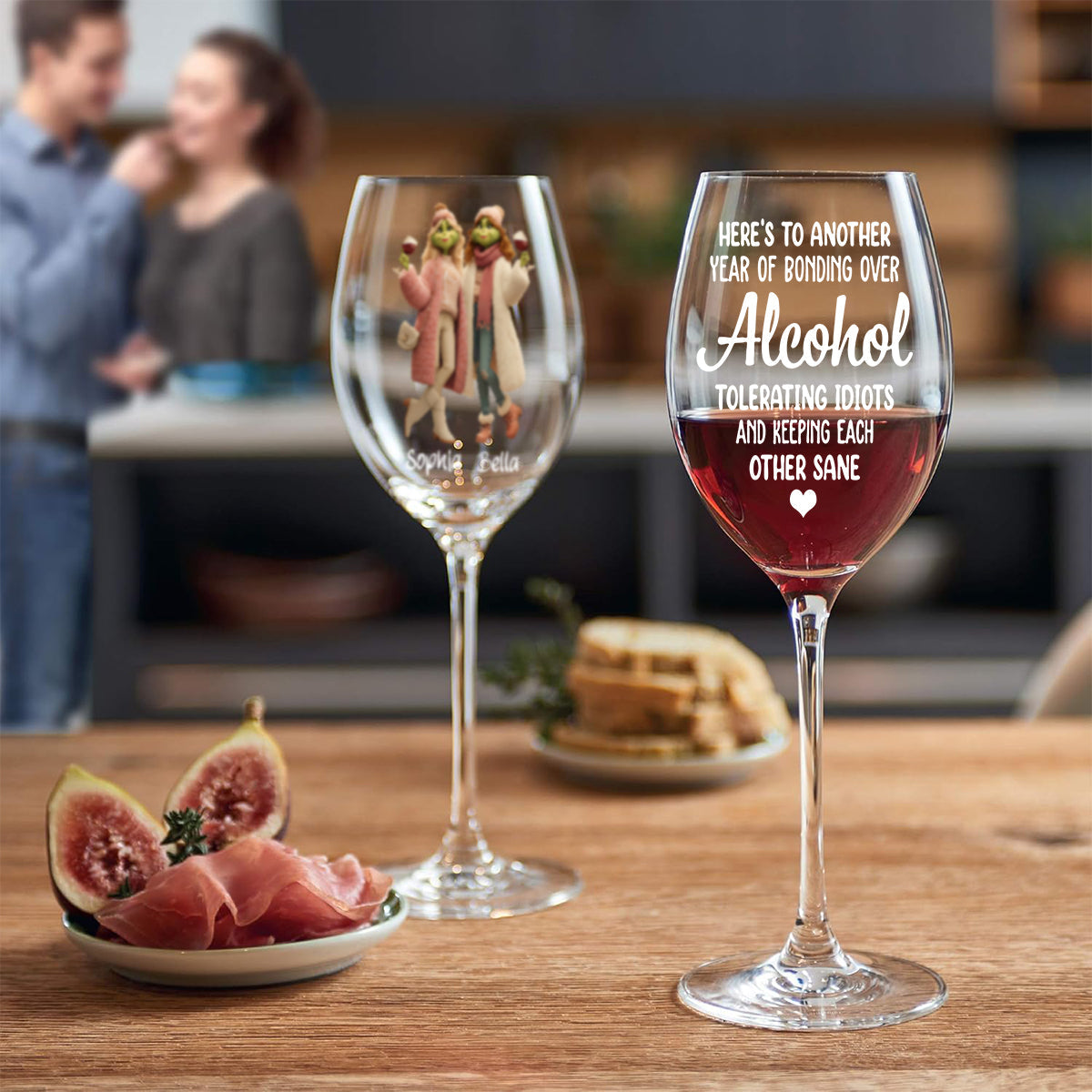 Meilleures amies, une année de plus ensemble - Verre à vin de Noël personnalisé avec étole et longue tige