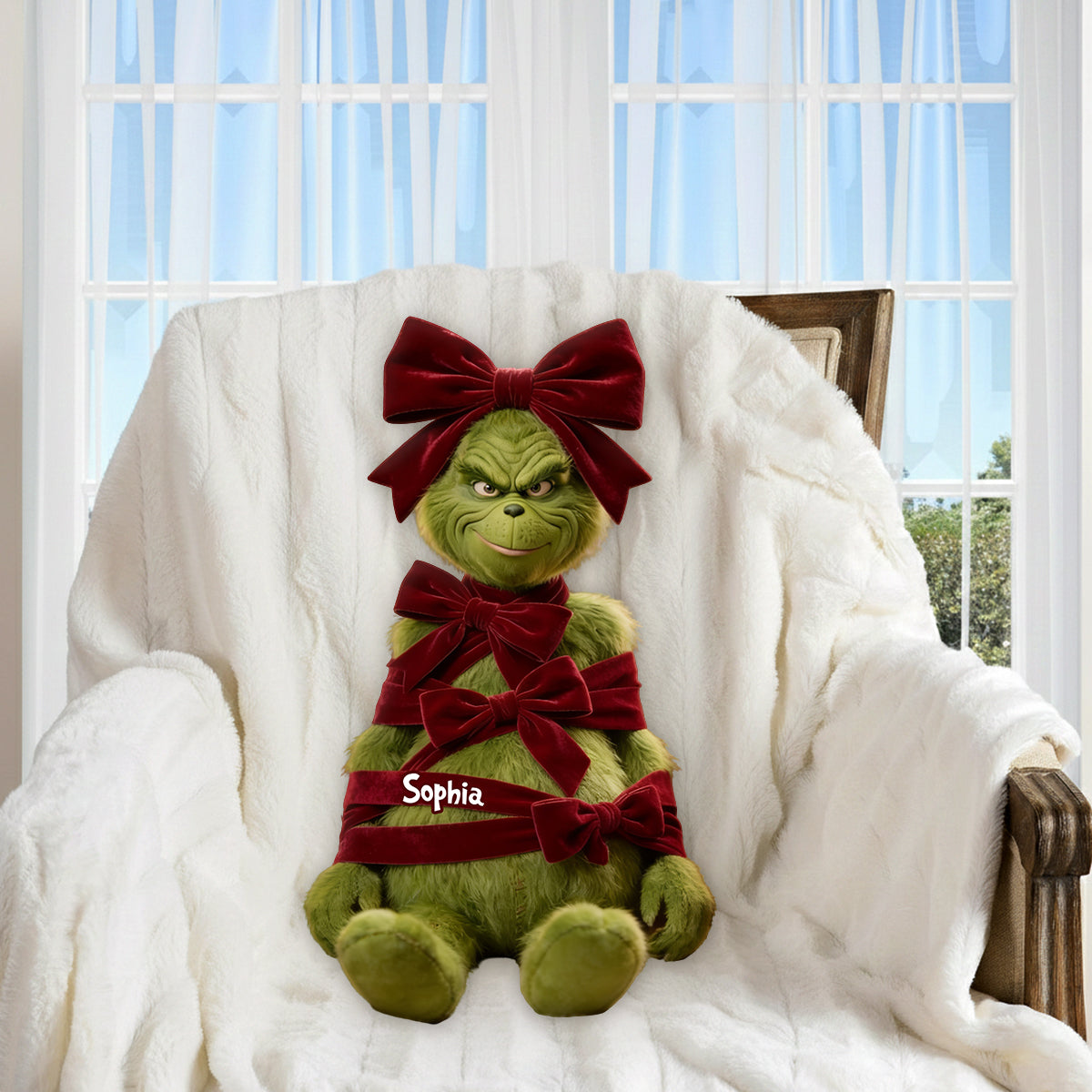 Green Christmas Character With Bow - Personalized Stole Christmas Premium Faux Fur Pillow