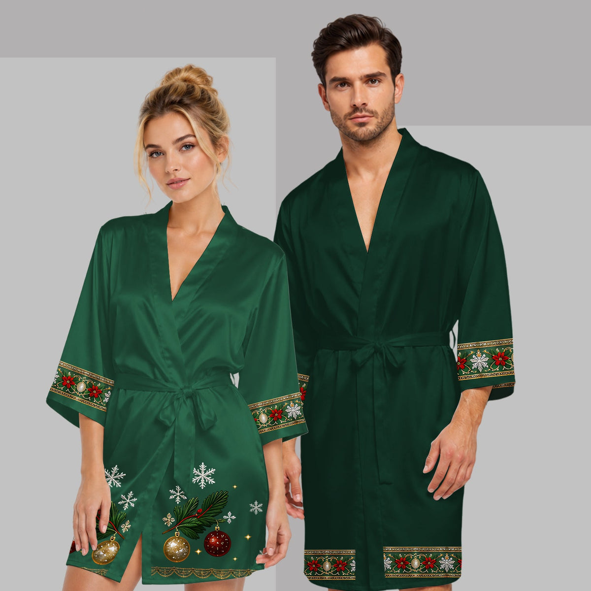 Merry Christmas - Green Couple - Personalized Stole Christmas Satin Robe