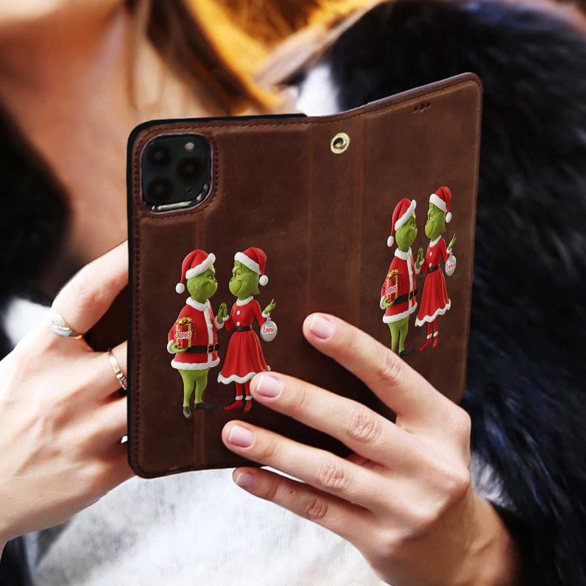 Cadeau de Noël Joyeux Grinchmas - Étui portefeuille/téléphone personnalisé avec bandoulière et motif étole de Noël