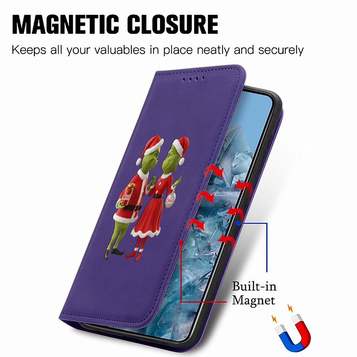 Cadeau de Noël Joyeux Grinchmas - Étui portefeuille/téléphone personnalisé avec bandoulière et motif étole de Noël