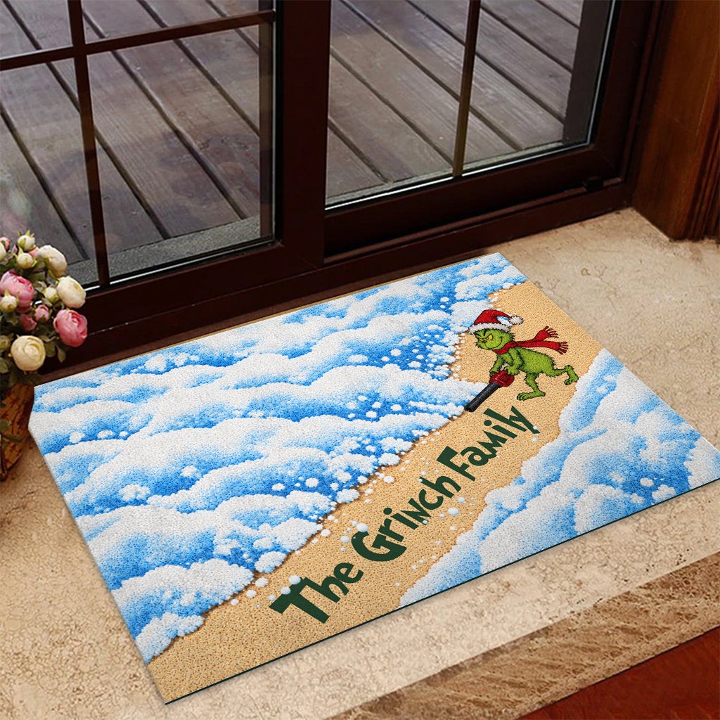 Green Mischief Blowing Leaf Snow - Personalized Stole Christmas Doormat
