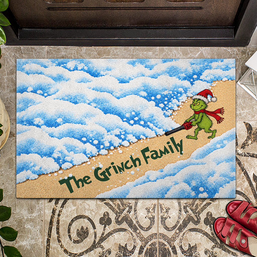 Green Mischief Blowing Leaf Snow - Personalized Stole Christmas Doormat