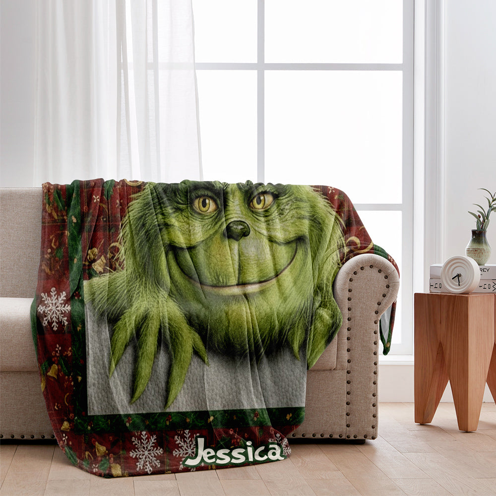 Couverture de Noël personnalisée « Joyeux Grinchmas » avec n'importe quel nom - Étole de Noël