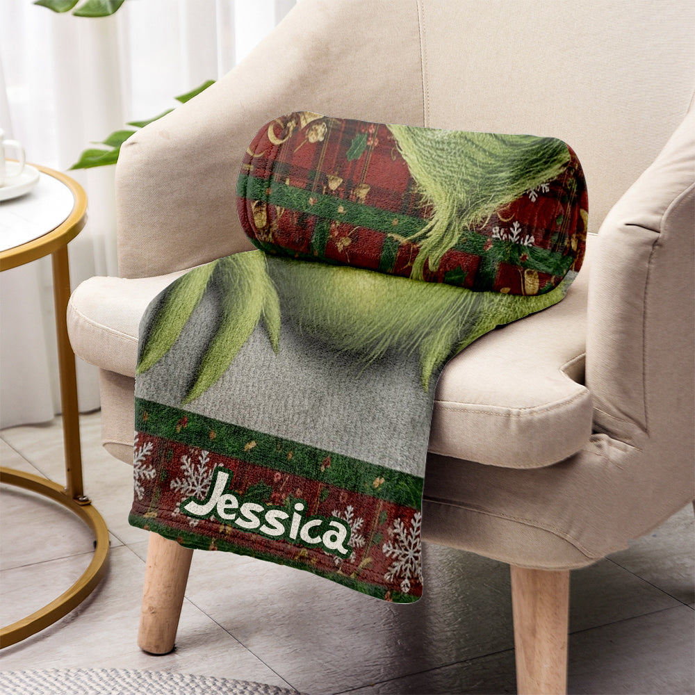 Couverture de Noël personnalisée « Joyeux Grinchmas » avec n'importe quel nom - Étole de Noël