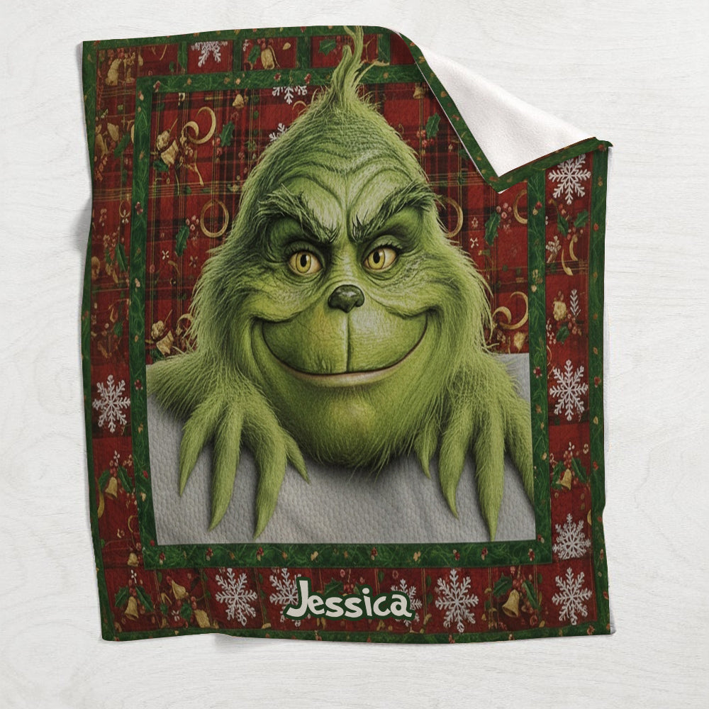 Couverture de Noël personnalisée « Joyeux Grinchmas » avec n'importe quel nom - Étole de Noël
