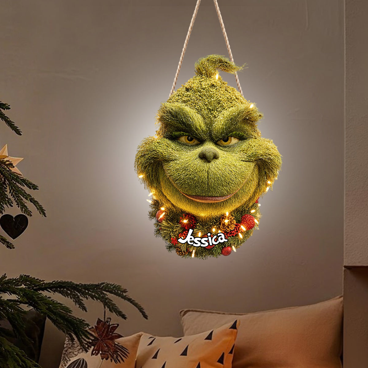 Couronne de Noël Grinchmas - Étole de Noël personnalisée avec enseigne lumineuse LED en acrylique