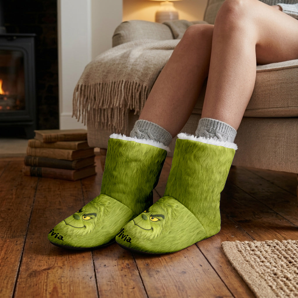 Merry Grinchmas - Personalized Stole Christmas Faux Fur Boot Slippers