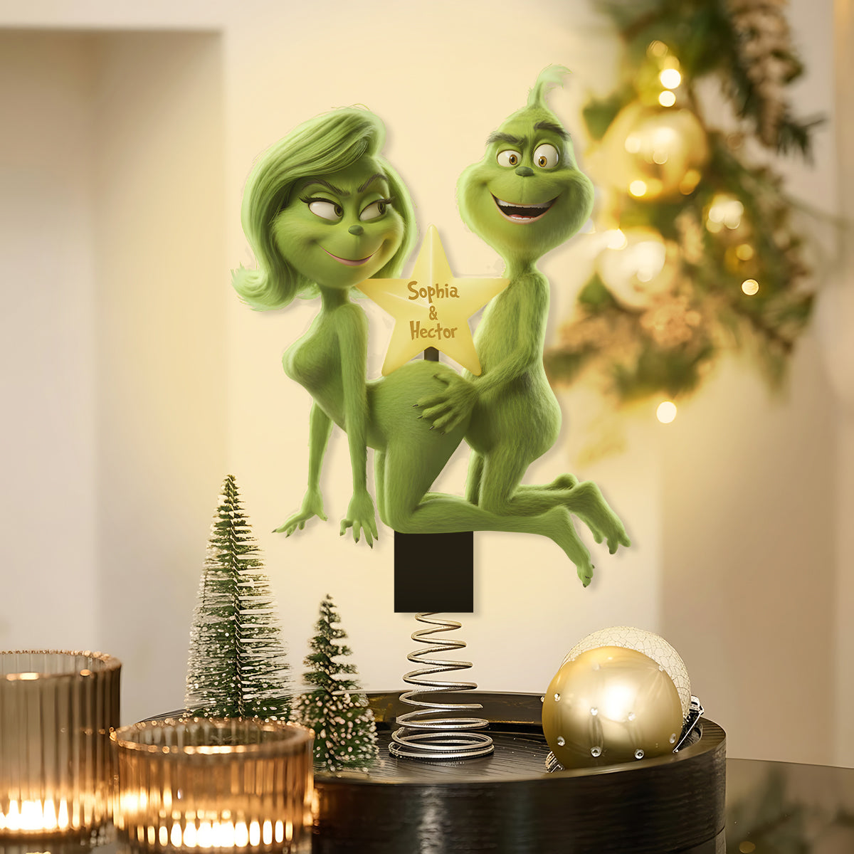 Fuzzy Green Trouble on Top - Étole personnalisée avec lumière LED pour sapin de Noël