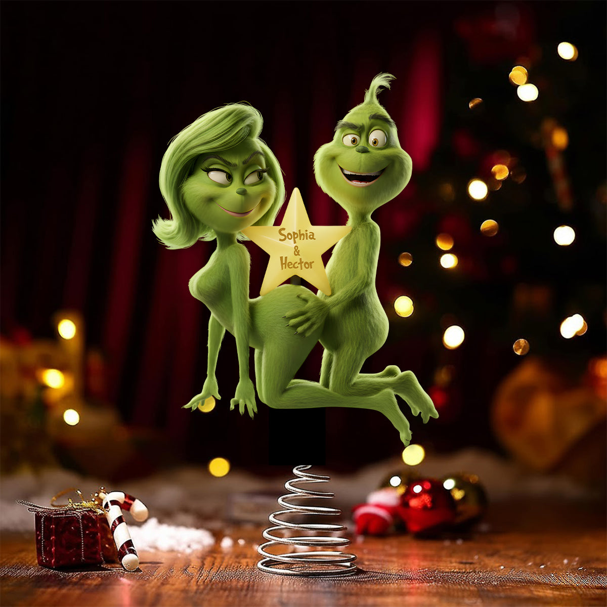 Fuzzy Green Trouble on Top - Étole personnalisée avec lumière LED pour sapin de Noël