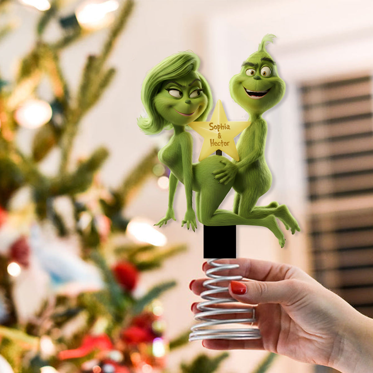 Fuzzy Green Trouble on Top - Étole personnalisée avec lumière LED pour sapin de Noël