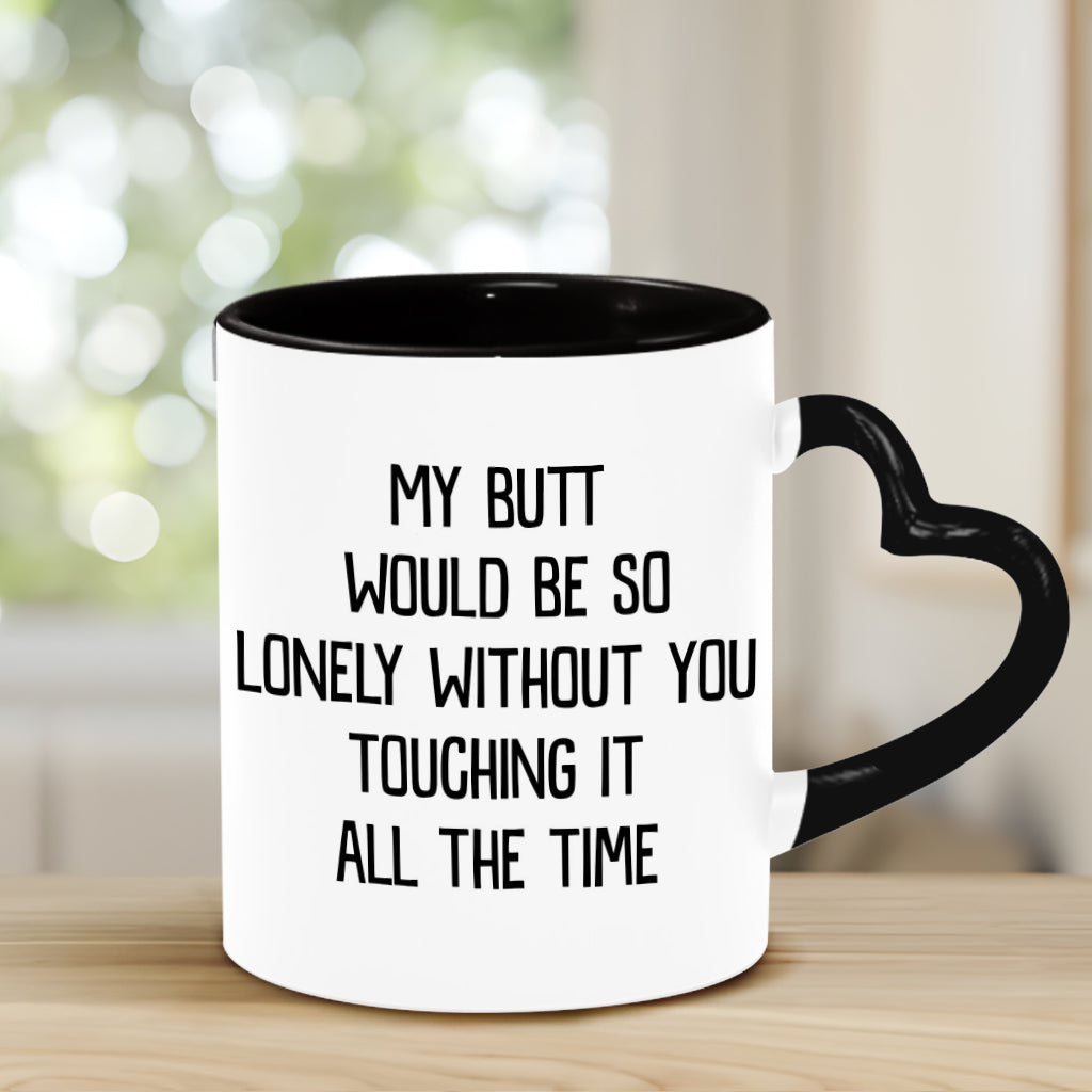 Mon derrière serait si seul ! Mug vert coquin personnalisé pour couple avec anse en forme de cœur