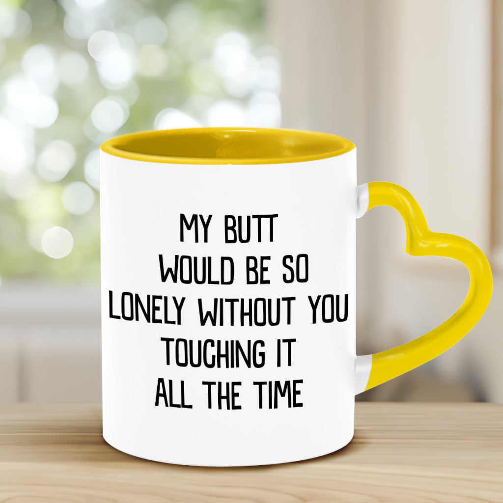 Mon derrière serait si seul ! Mug vert coquin personnalisé pour couple avec anse en forme de cœur