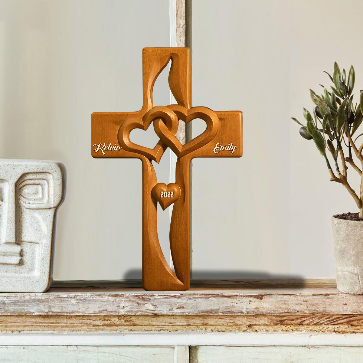Croix en bois en forme de cœur entrelacé, spécialement conçue pour les amoureux - Plaque en bois personnalisée pour couple