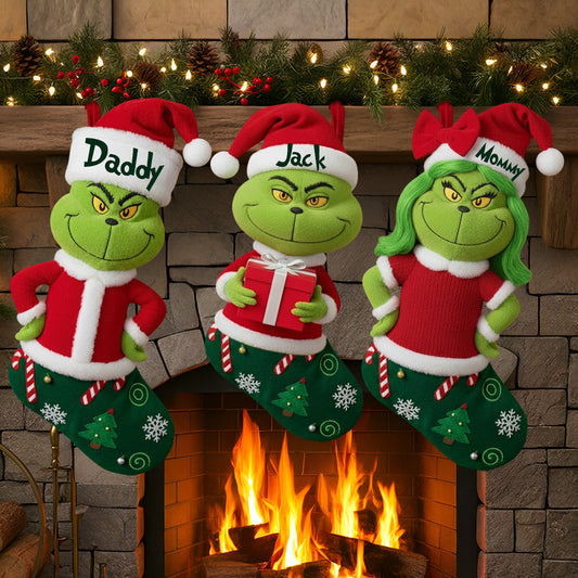 Cadeau familial Joyeux Grinchmas - Étole personnalisée en forme de chaussette de Noël