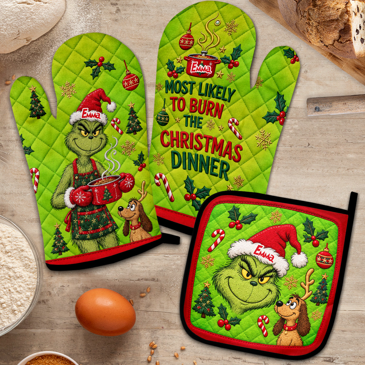 Most Likely To Burn The Christmas Dinner - Personalized Stole Christmas Oven Mitts & Pot Holder Set