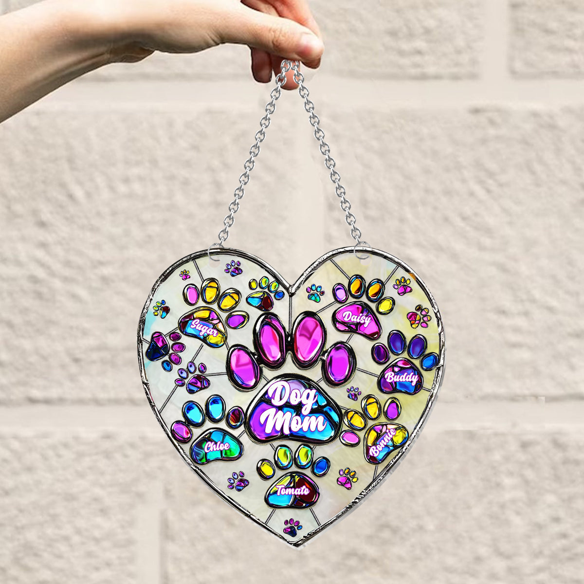 Décoration attrape-soleil personnalisée à suspendre à la fenêtre, motif patte de chien en forme de cœur coloré - Ornement attrape-soleil en forme de chien 