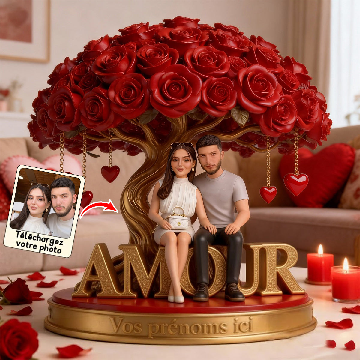 Figurine de couple personnalisée sous un arbre de roses - Plaque en acrylique personnalisée pour couple, de forme personnalisée