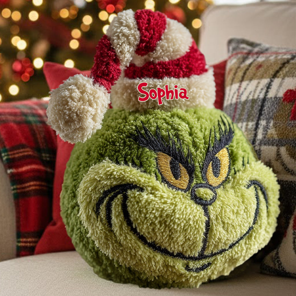 Cadeau de Noël Green Monster personnalisé avec n'importe quel nom - Étole de Noël personnalisée, coussin en fausse fourrure en forme de coussin.