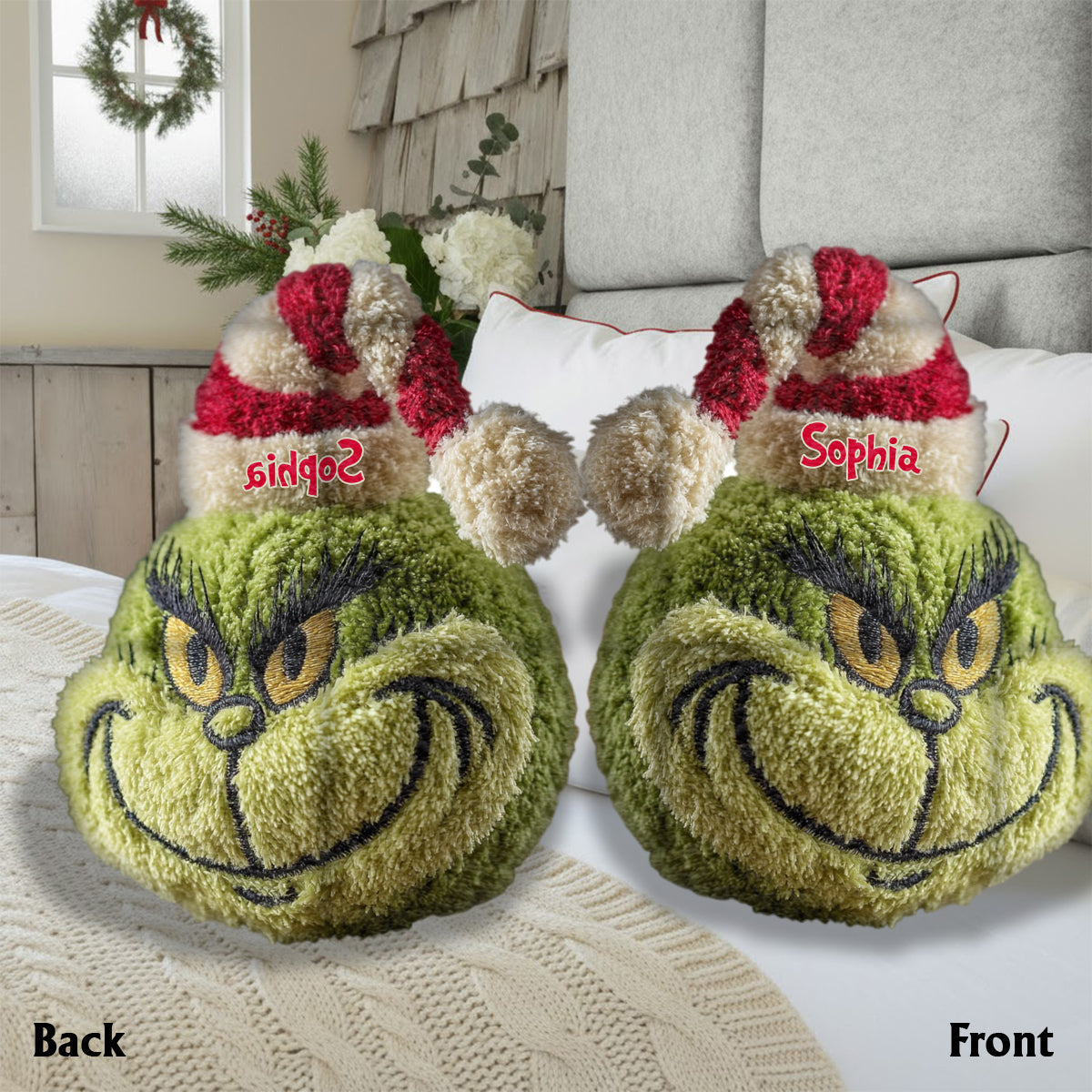 Cadeau de Noël Green Monster personnalisé avec n'importe quel nom - Étole de Noël personnalisée, coussin en fausse fourrure en forme de coussin.