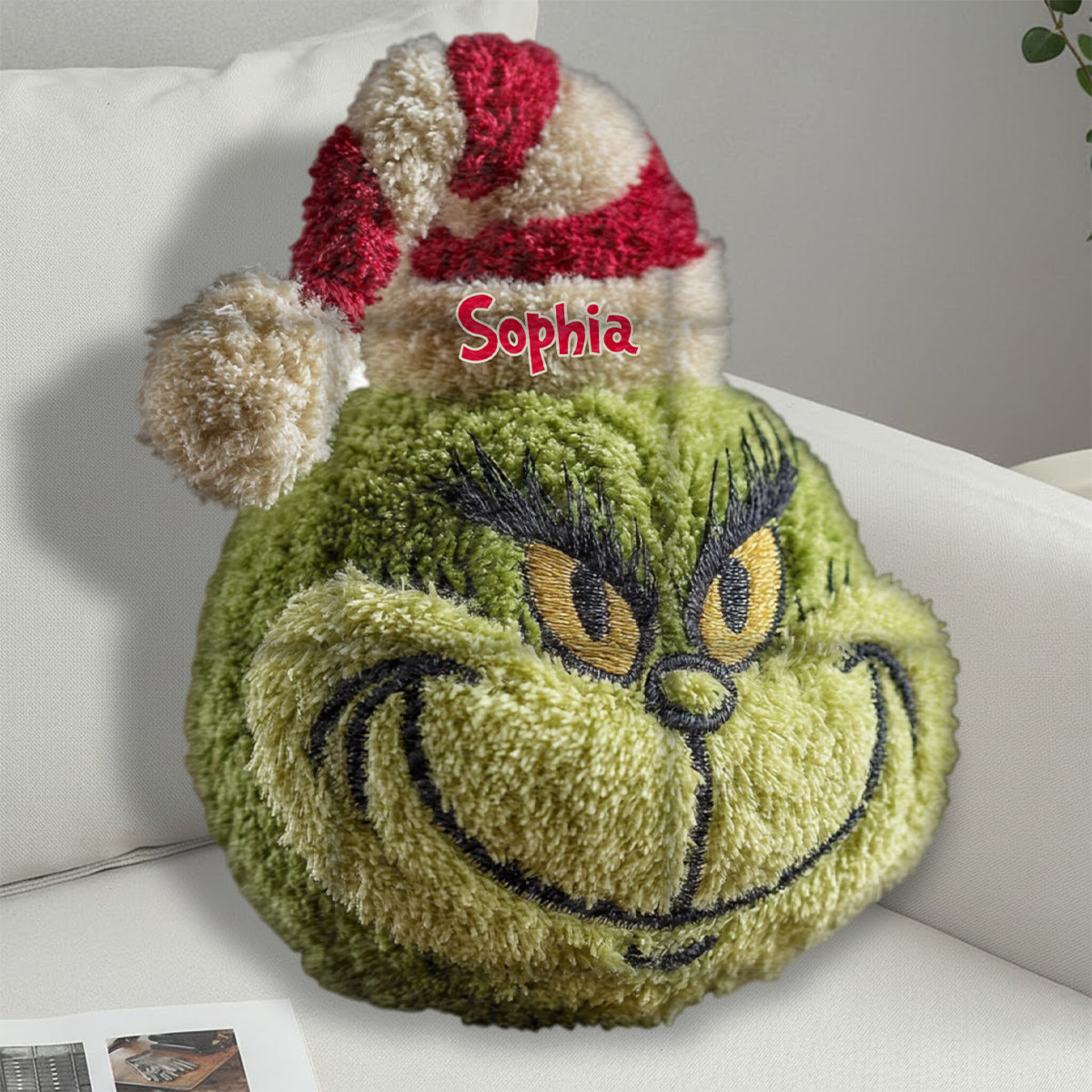 Cadeau de Noël Green Monster personnalisé avec n'importe quel nom - Étole de Noël personnalisée, coussin en fausse fourrure en forme de coussin.