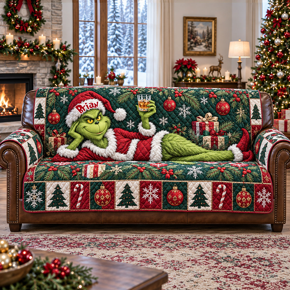 Merry Grinchmas - Personalized Stole Christmas Quilted Sofa/Couch Cover