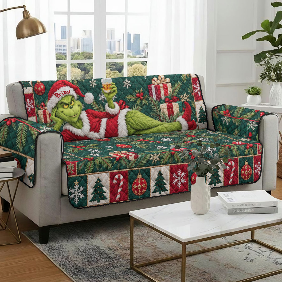 Merry Grinchmas - Personalized Stole Christmas Quilted Sofa/Couch Cover