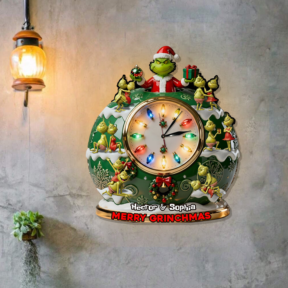 Joyeux Grinchmas - Horloge murale lumineuse LED personnalisée avec étole de Noël