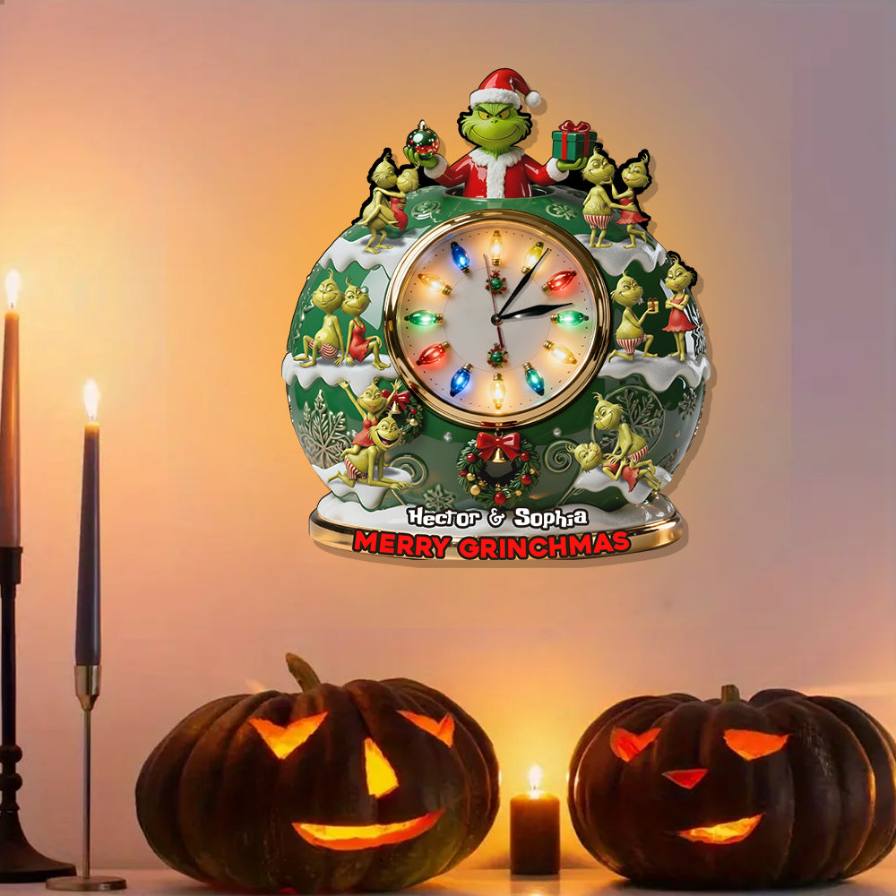 Joyeux Grinchmas - Horloge murale lumineuse LED personnalisée avec étole de Noël