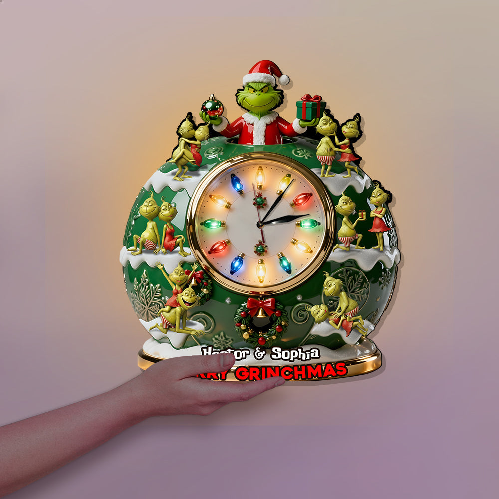 Joyeux Grinchmas - Horloge murale lumineuse LED personnalisée avec étole de Noël