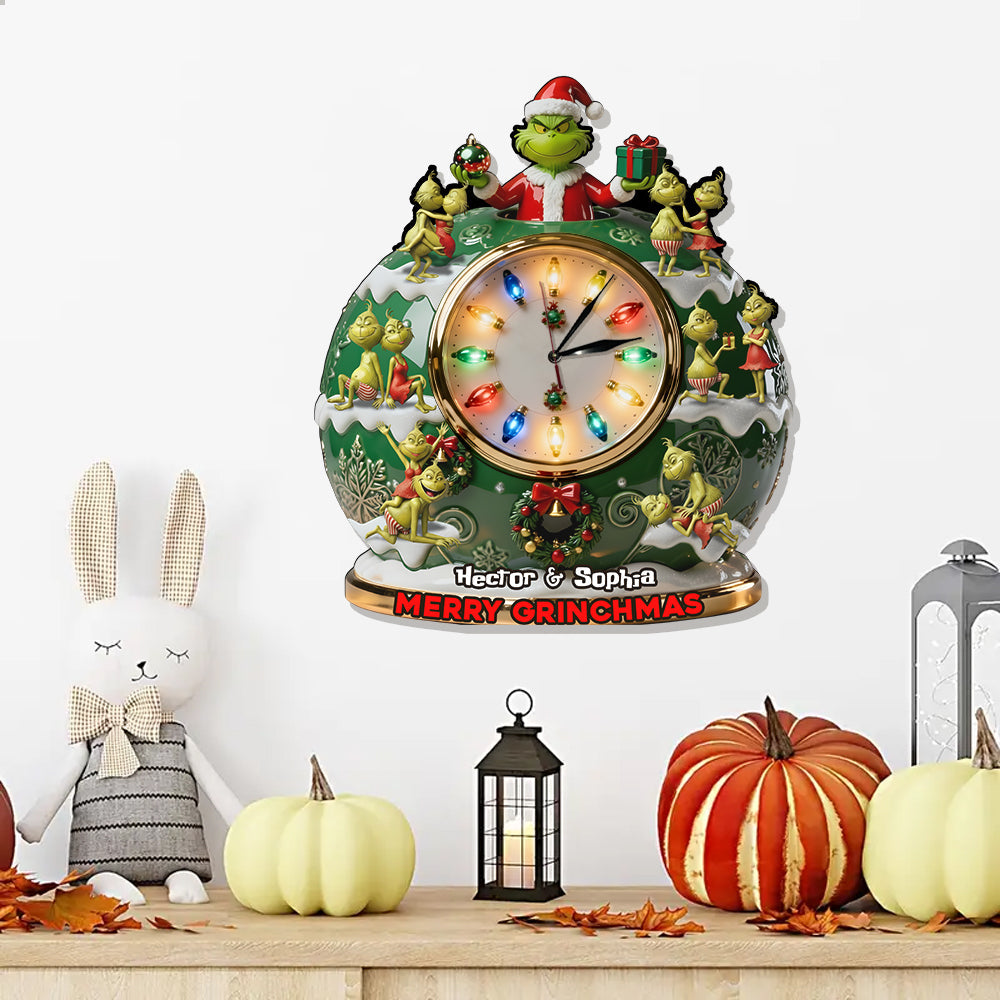 Joyeux Grinchmas - Horloge murale lumineuse LED personnalisée avec étole de Noël