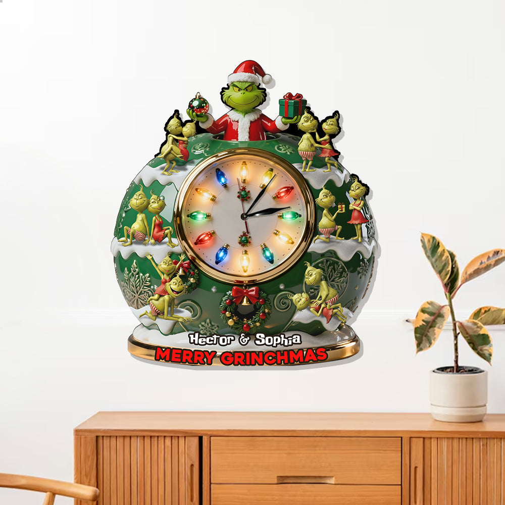 Joyeux Grinchmas - Horloge murale lumineuse LED personnalisée avec étole de Noël