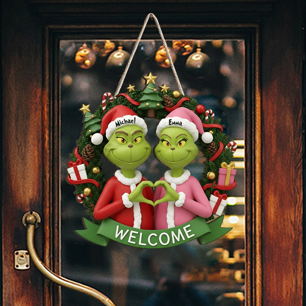 Joyeux Grinchmas - Panneau en bois personnalisé avec étole de Noël