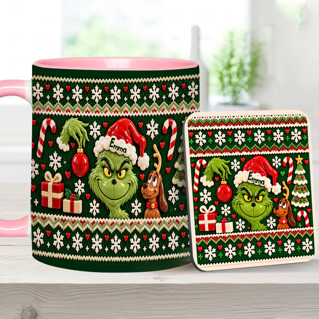Green Mischief Ugly Pattern - Personalized Stole Christmas Accent Mug & Coaster