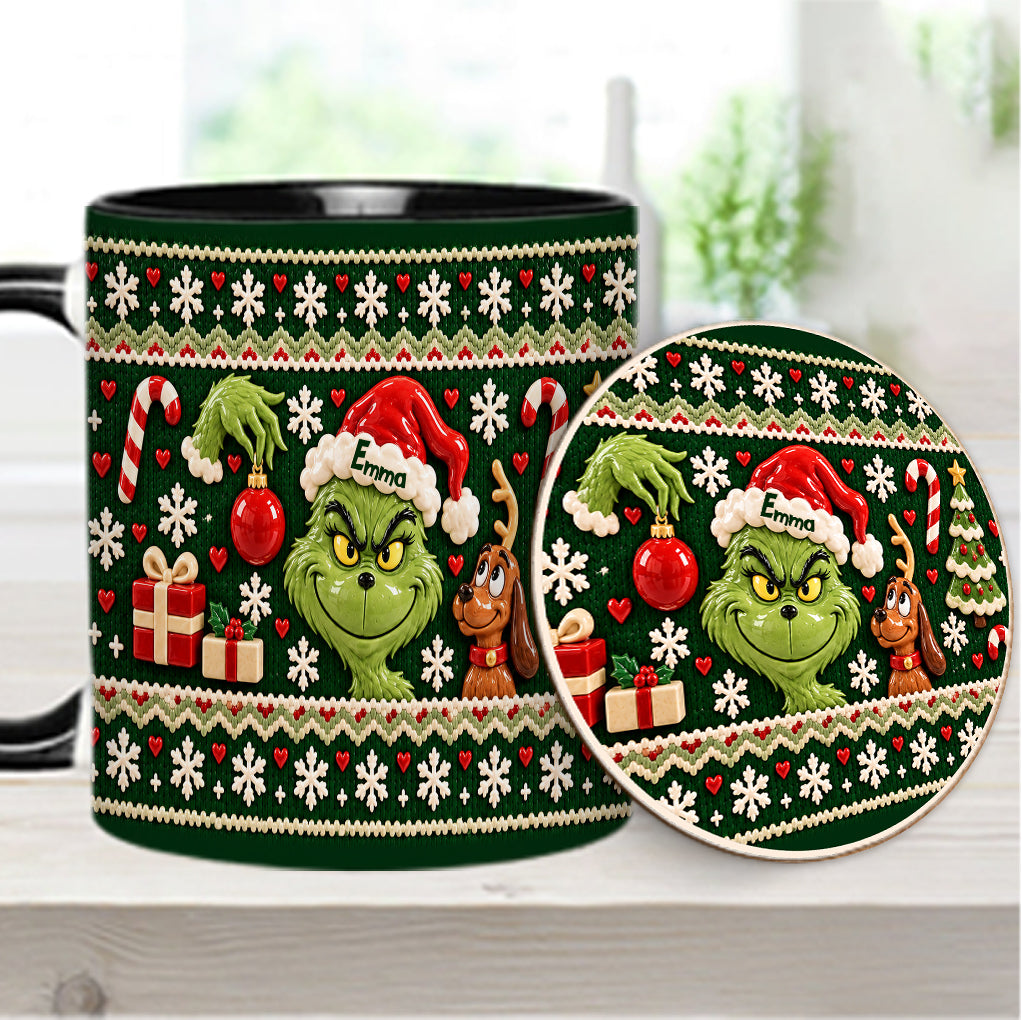 Green Mischief Ugly Pattern - Personalized Stole Christmas Accent Mug & Coaster