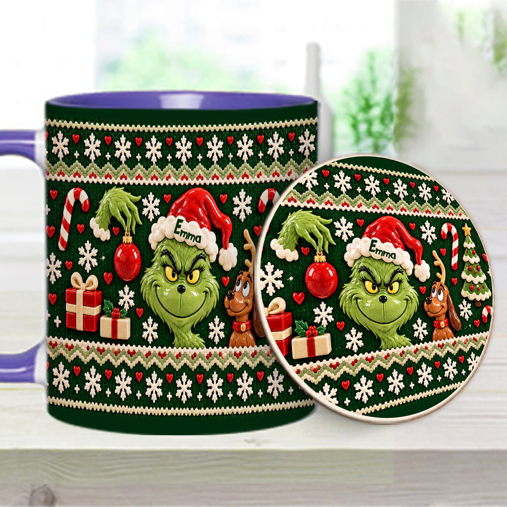Green Mischief Ugly Pattern - Personalized Stole Christmas Accent Mug & Coaster