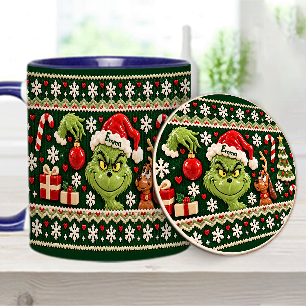 Green Mischief Ugly Pattern - Personalized Stole Christmas Accent Mug & Coaster