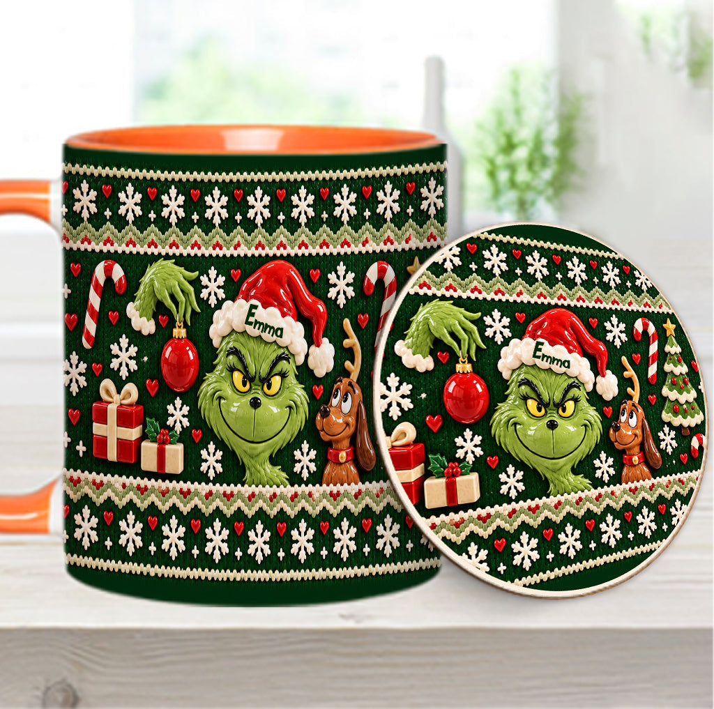 Green Mischief Ugly Pattern - Personalized Stole Christmas Accent Mug & Coaster