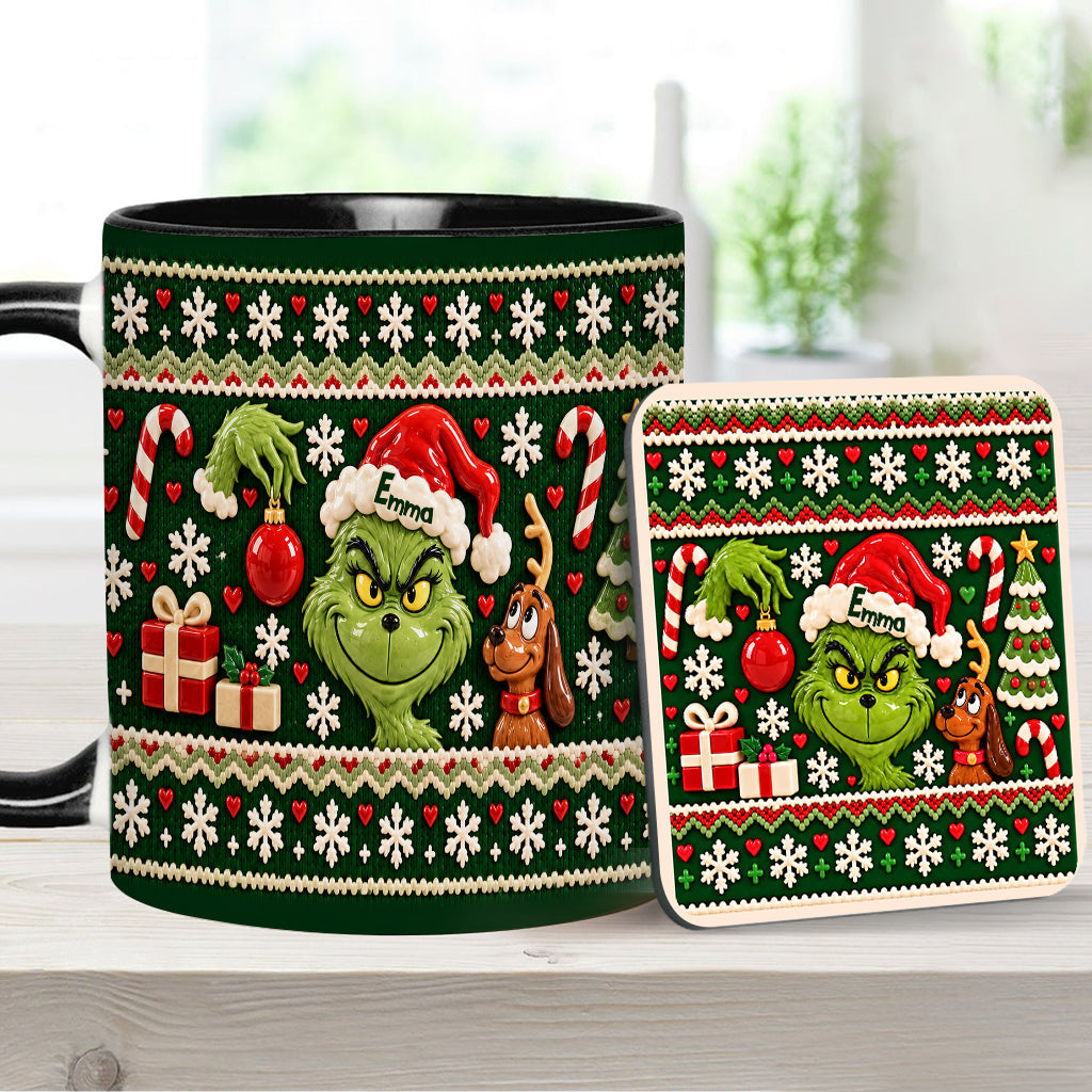 Green Mischief Ugly Pattern - Personalized Stole Christmas Accent Mug & Coaster