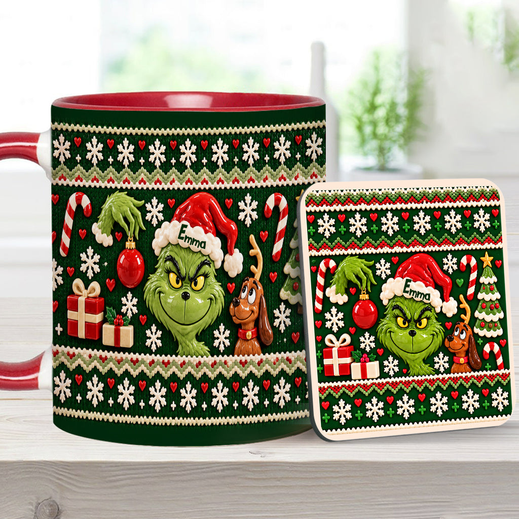 Green Mischief Ugly Pattern - Personalized Stole Christmas Accent Mug & Coaster