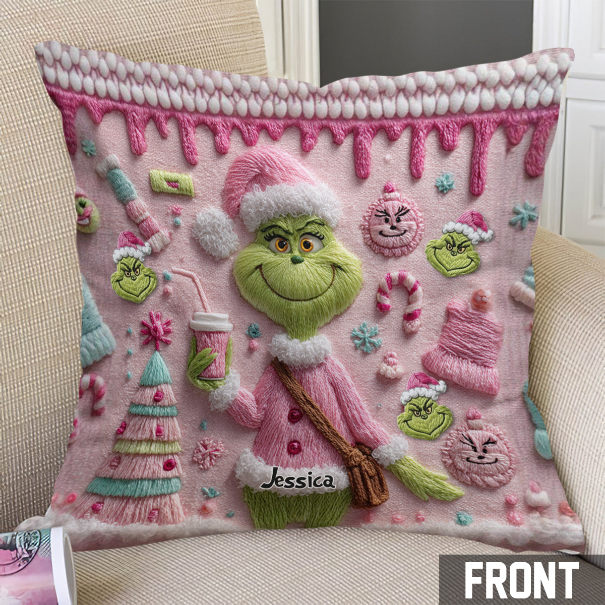 Joyeux Grinchmas - Coussin décoratif de Noël personnalisé avec étole