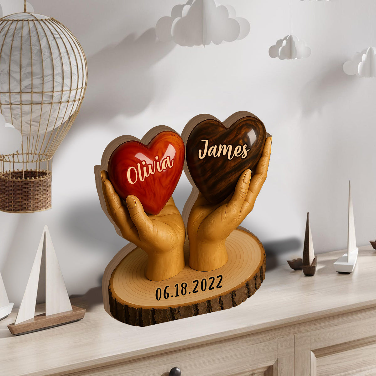 Two Hearts One Love - Personalized Couple Custom Shaped Wood Plaque