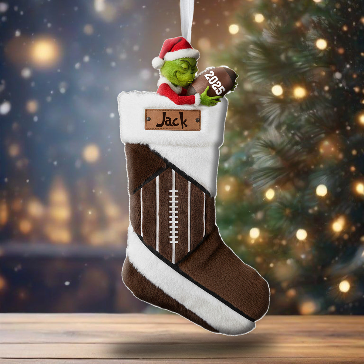 Chaussette de Noël personnalisée en forme de ballon de football vert avec Père Noël amusant