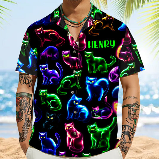 Chemise hawaïenne personnalisée à motif chat néon - Chemise hawaïenne chat personnalisée