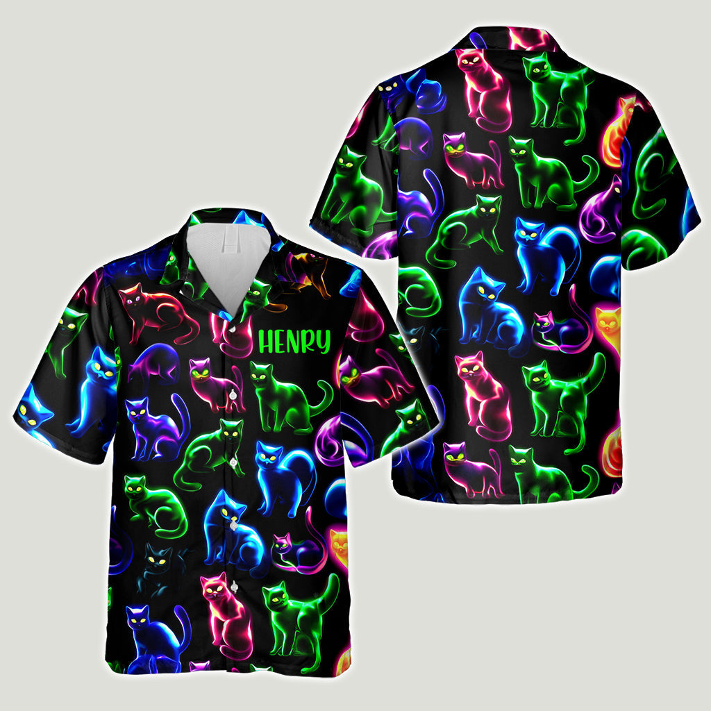 Chemise hawaïenne personnalisée à motif chat néon - Chemise hawaïenne chat personnalisée