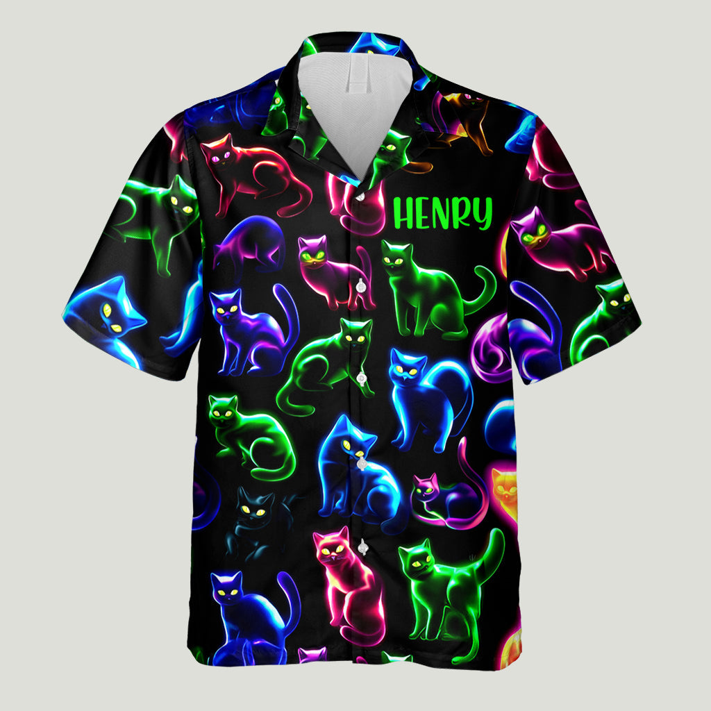Chemise hawaïenne personnalisée à motif chat néon - Chemise hawaïenne chat personnalisée